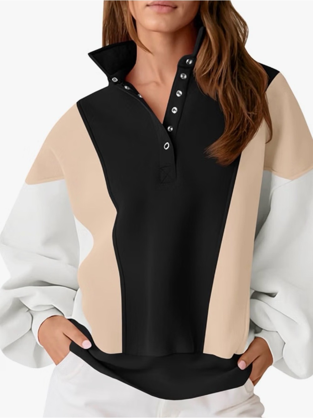 Women’s Colorblock Snap-Front Pullover Sweater - Black / Beige / White